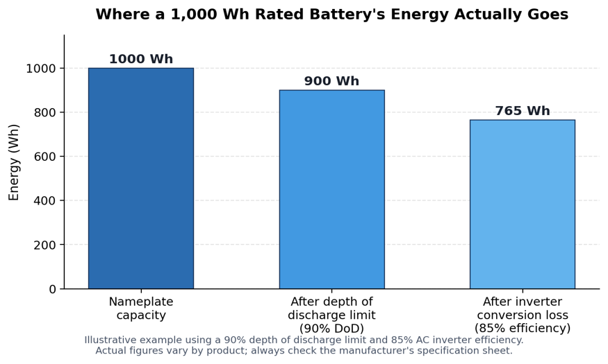 Illustrative breakdown of a 1,000 Wh rated battery using a 90% DoD limit and 85% inverter efficiency, two figures within the commonly published ranges. Your unit's actual numbers will differ; check the datasheet.