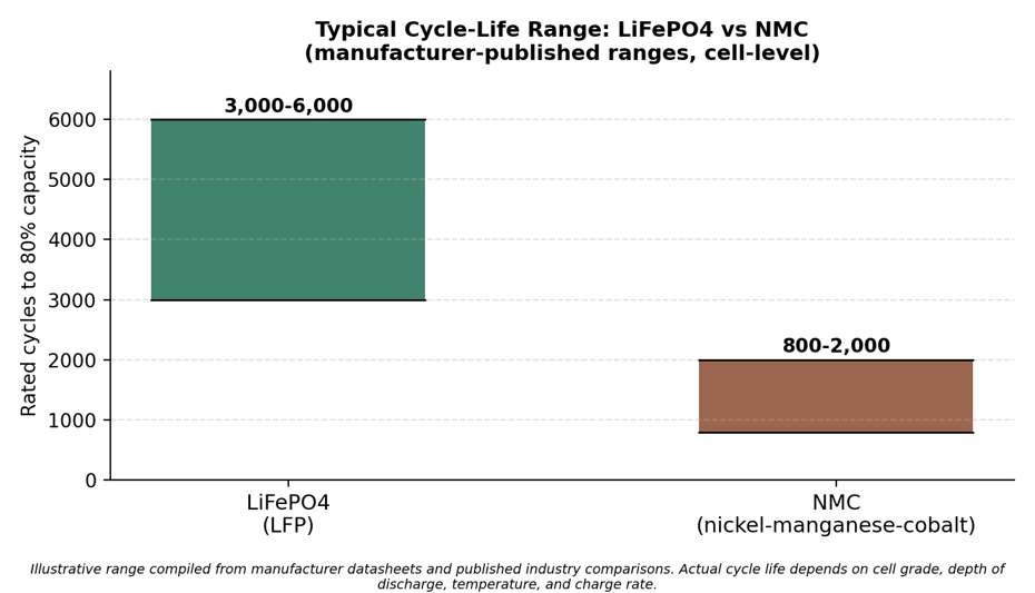Typical rated cycle life ranges for LiFePO4 and NMC cells at the manufacturer datasheet level. Actual results depend on depth of discharge, charge rate, and operating temperature.