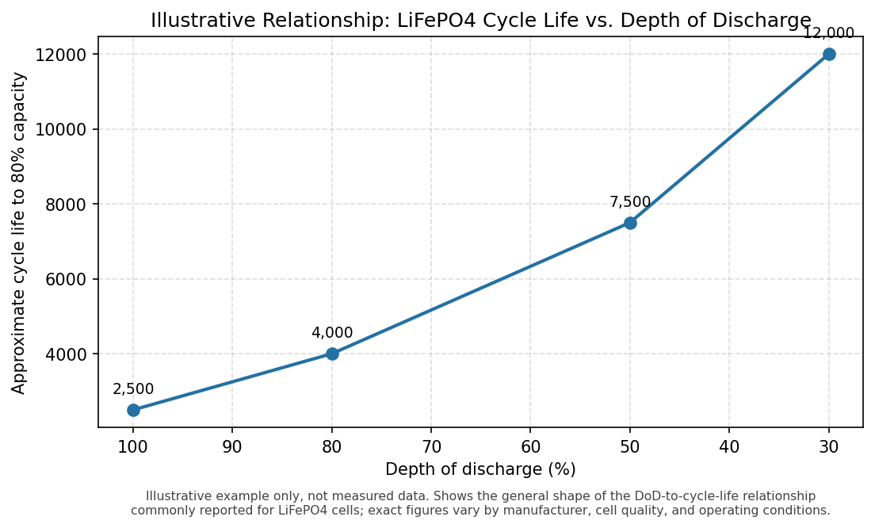shape of the cycle-life-to-depth-of-discharge relationship commonly reported for LiFePO4 cells. Not measured data; consult a specific manufacturer's datasheet for actual figures.