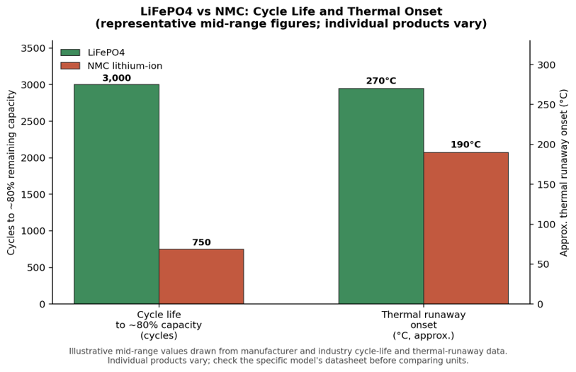 Representative mid-range cycle life and thermal runaway onset for LiFePO4 versus NMC cells. Individual products vary; the values shown are illustrative, not a specific product's tested data.