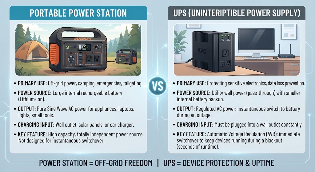 A UPS and a portable power station both sit between a wall outlet and a piece of equipment, and both switch to battery power when the mains supply fails.