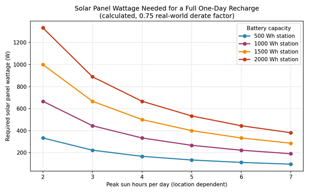 Required solar panel wattage for a full one-day recharge across a range of peak sun hour values, calculated using a 0.75 derate factor for four common battery capacities. Values are calculated, not measured, and assume the panel's rated wattage is achievable under the stated derate assumption.