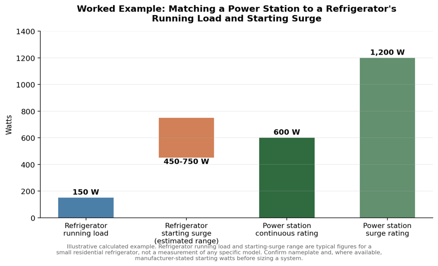 Worked example comparing a 150 W refrigerator's running load and estimated 450-750 W starting surge against a station sized with a 600 W continuous / 1,200 W surge rating. Values are calculated and illustrative, not measurements of a specific product.