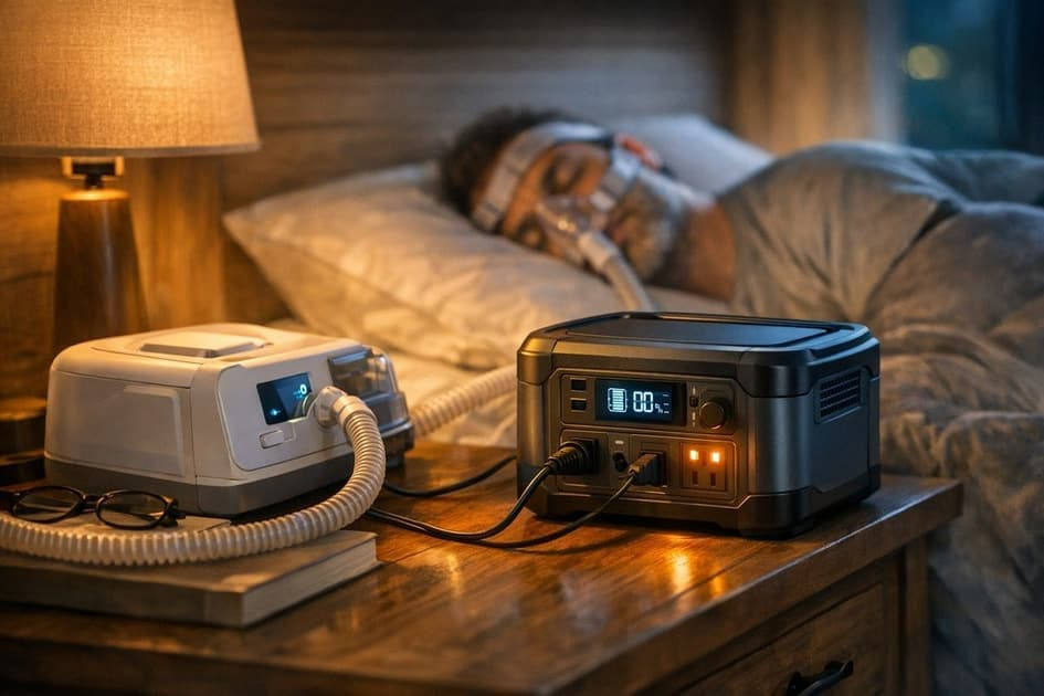 A portable power station can run a CPAP machine easily, including one with a heated humidifier, for a full night on a comparatively small amount of stored energy.