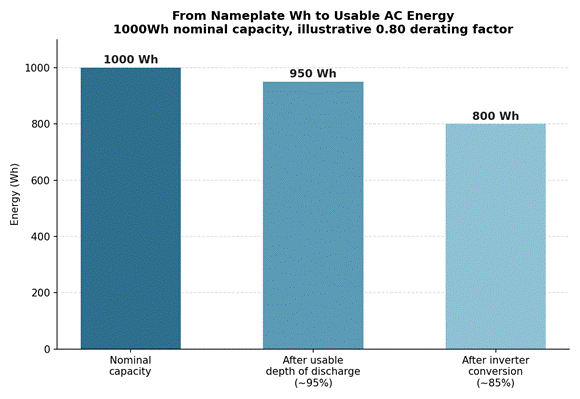  Two loss stages separate a 1000Wh nameplate rating from the energy that actually reaches an AC load.