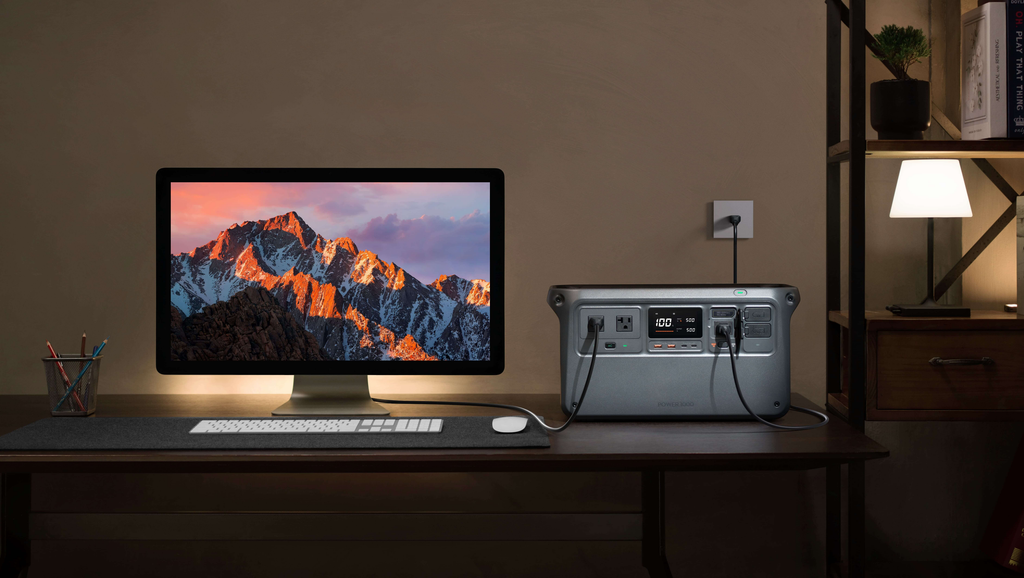 A mid-size portable power station can run a typical one-person home office (laptop, monitor, router, desk lamp, and light printer standby) for roughly 7 to 8 hours on a 1000Wh unit under a continuous planning load of about 108 W.