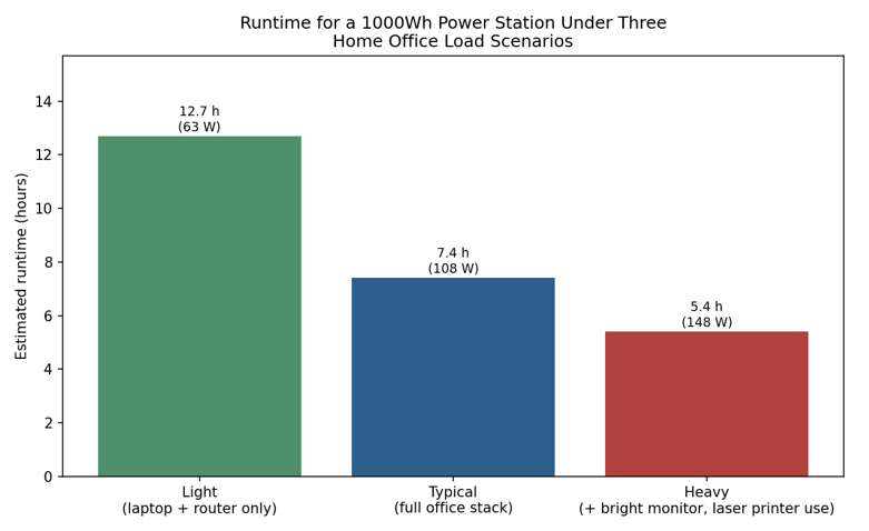Runtime for a fixed 1000Wh power station across three home office load scenarios.