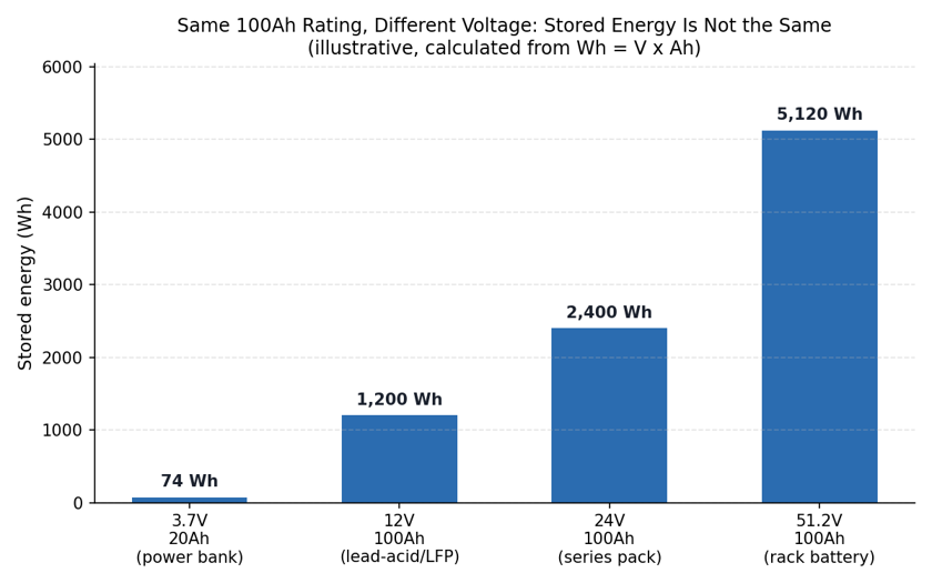 The same 100Ah rating stores very different amounts of energy depending on system voltage. Values are calculated using Wh = V x Ah, not measured.