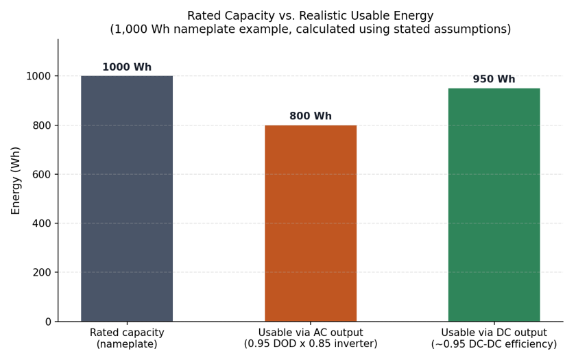 Rated capacity is a ceiling, not a delivery promise. Usable energy depends on the output path and the assumptions applied. Calculated using the stated 0.95 DOD, 0.85 inverter efficiency, and 0.95 DC-DC efficiency assumptions.